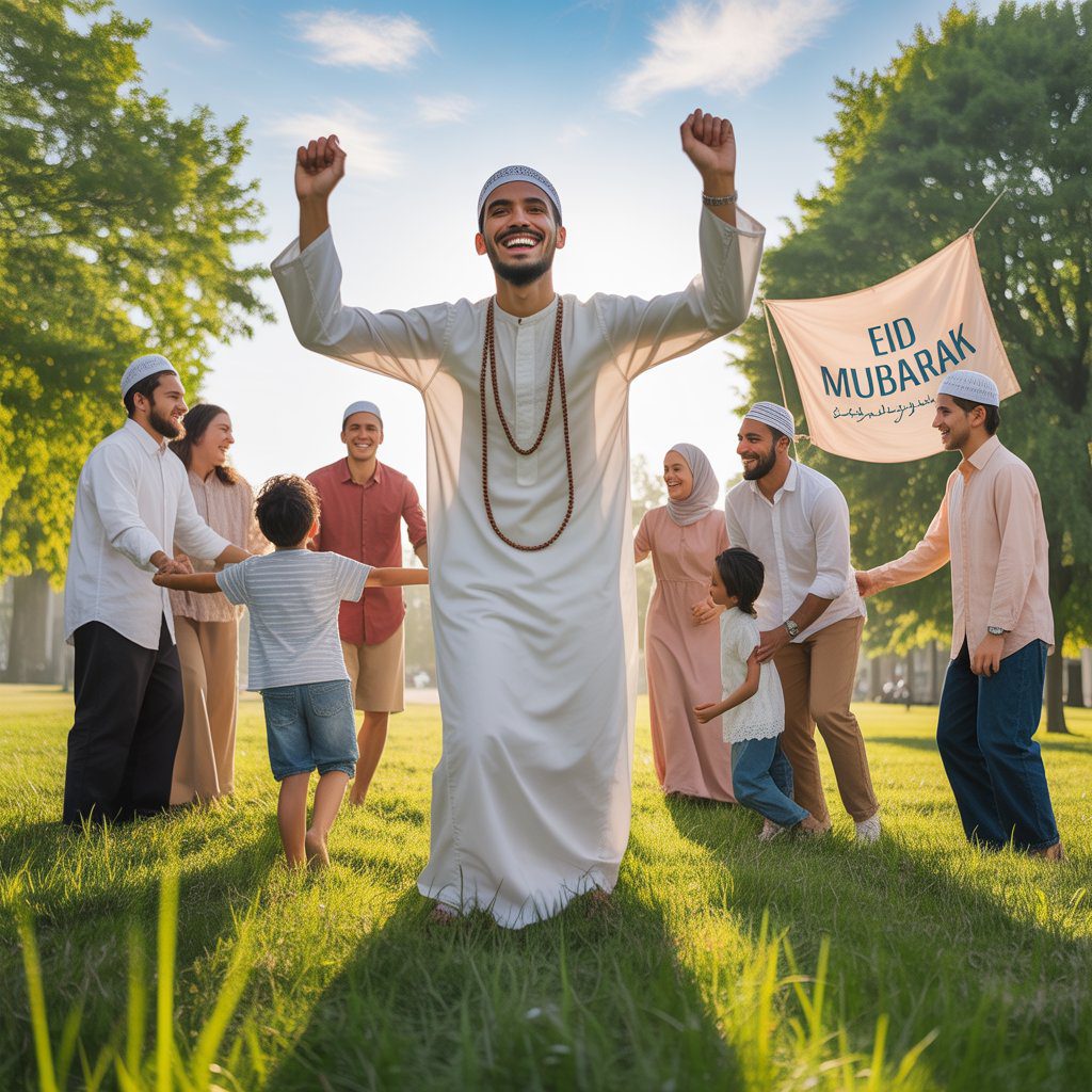 Muslims celebrating Eid and showing How to Pray Eid Prayer