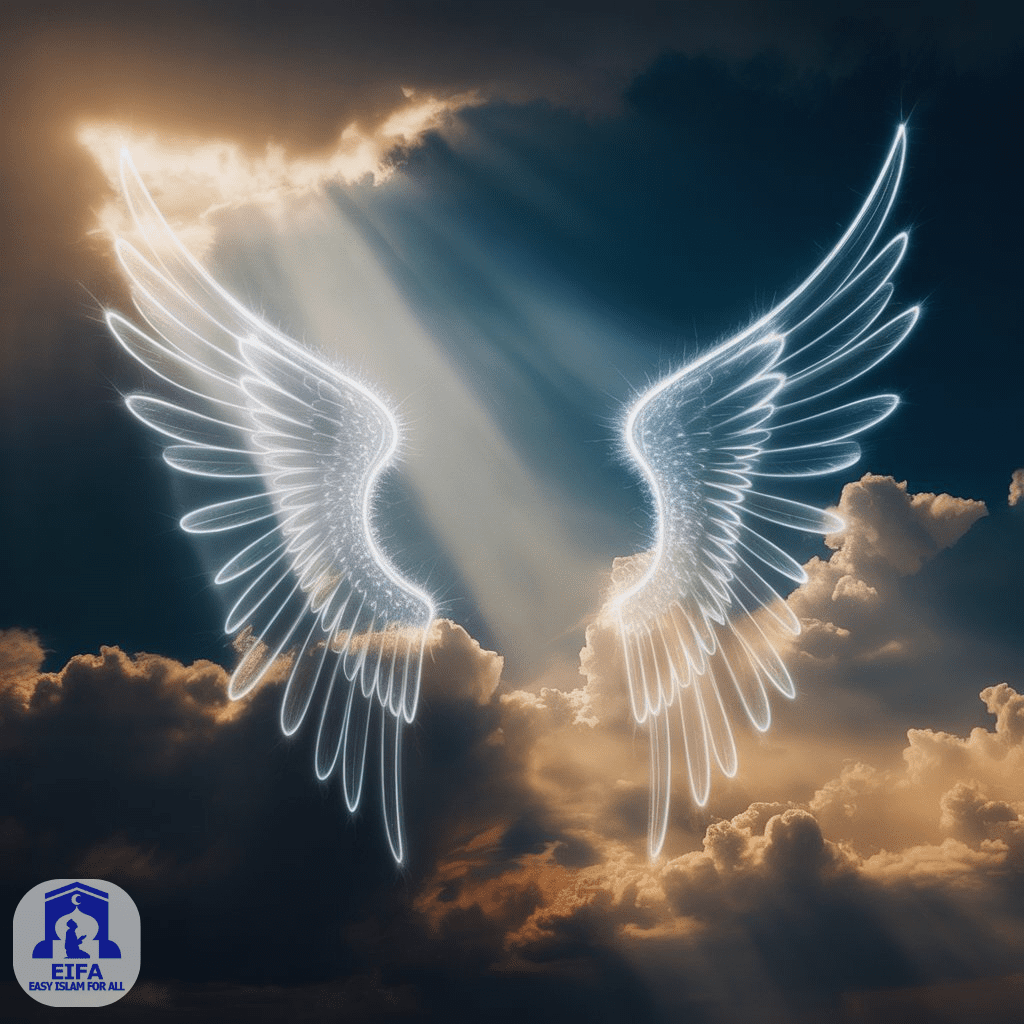 Abstract representation of angels in Islam as beings of light, delivering God's message. Related to the Islamic Belief