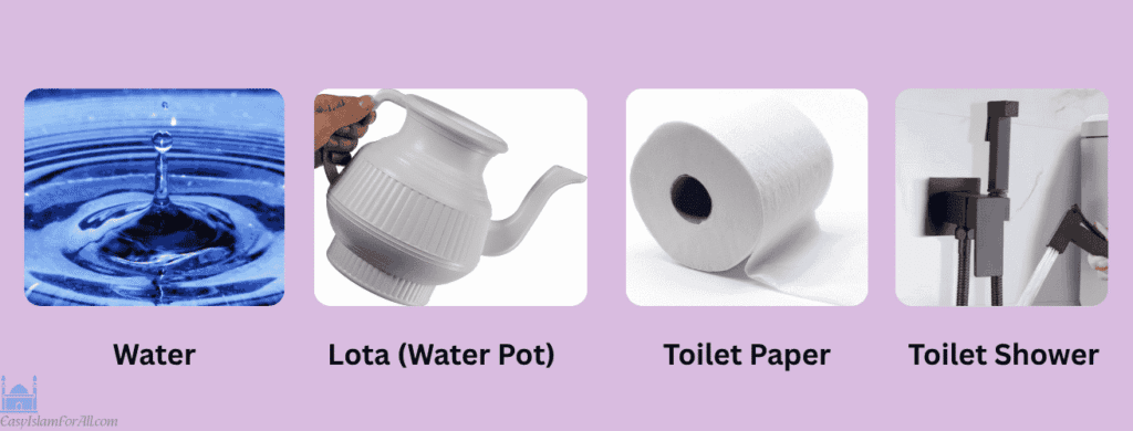 Tools for Islamic purification Istinja: lota, toilet paper, water bottle, and Toilet shower: A chapter of Islamic Toilet Etiquettes